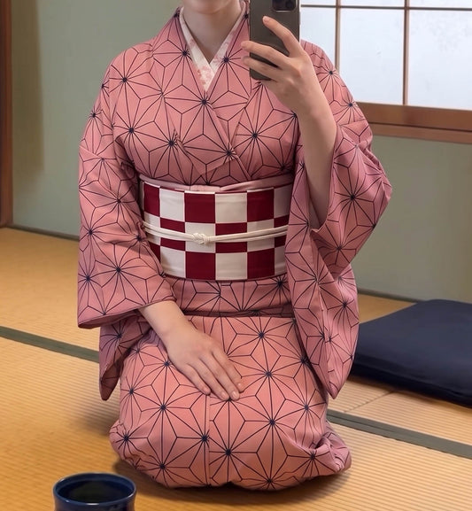 Custom Fit Komon Kimono | Pink Asanoha Print, Made-to-Measure Washable Polyester Traditional Japanese Kimono for Women