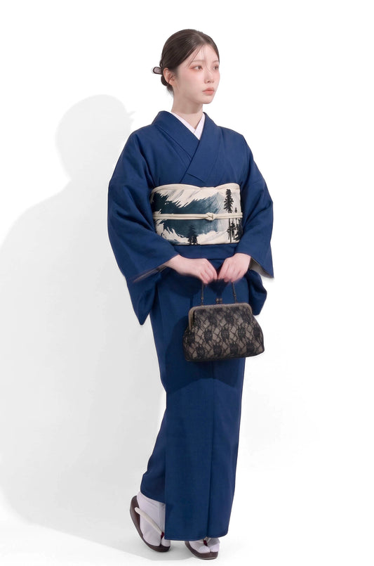 Navy Blue Washable Iromuji Kimono Set with Pre-Tied Obi