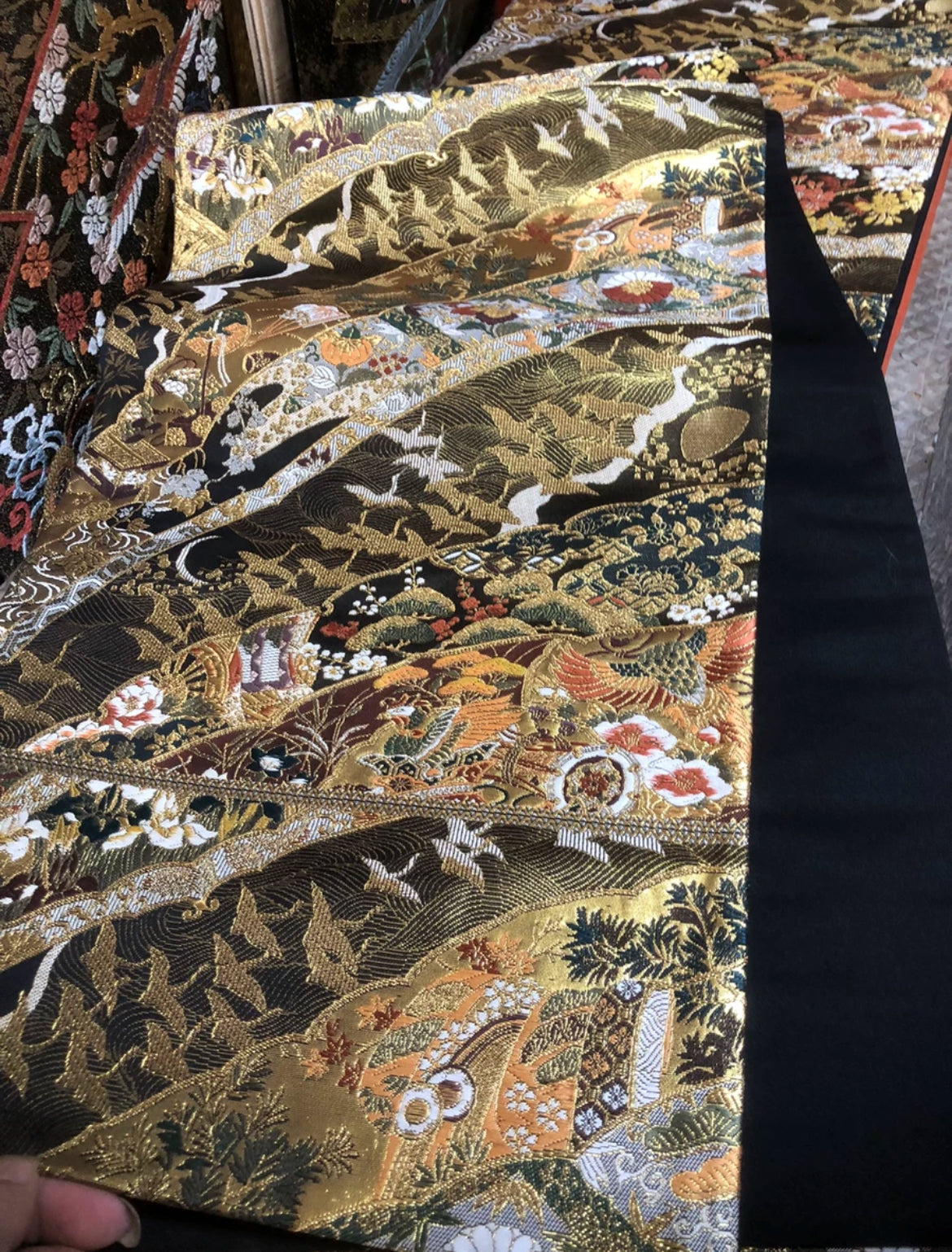 Rank A+ Vintage Fukuro Obi, Flying Crane Obi, OB197/B15