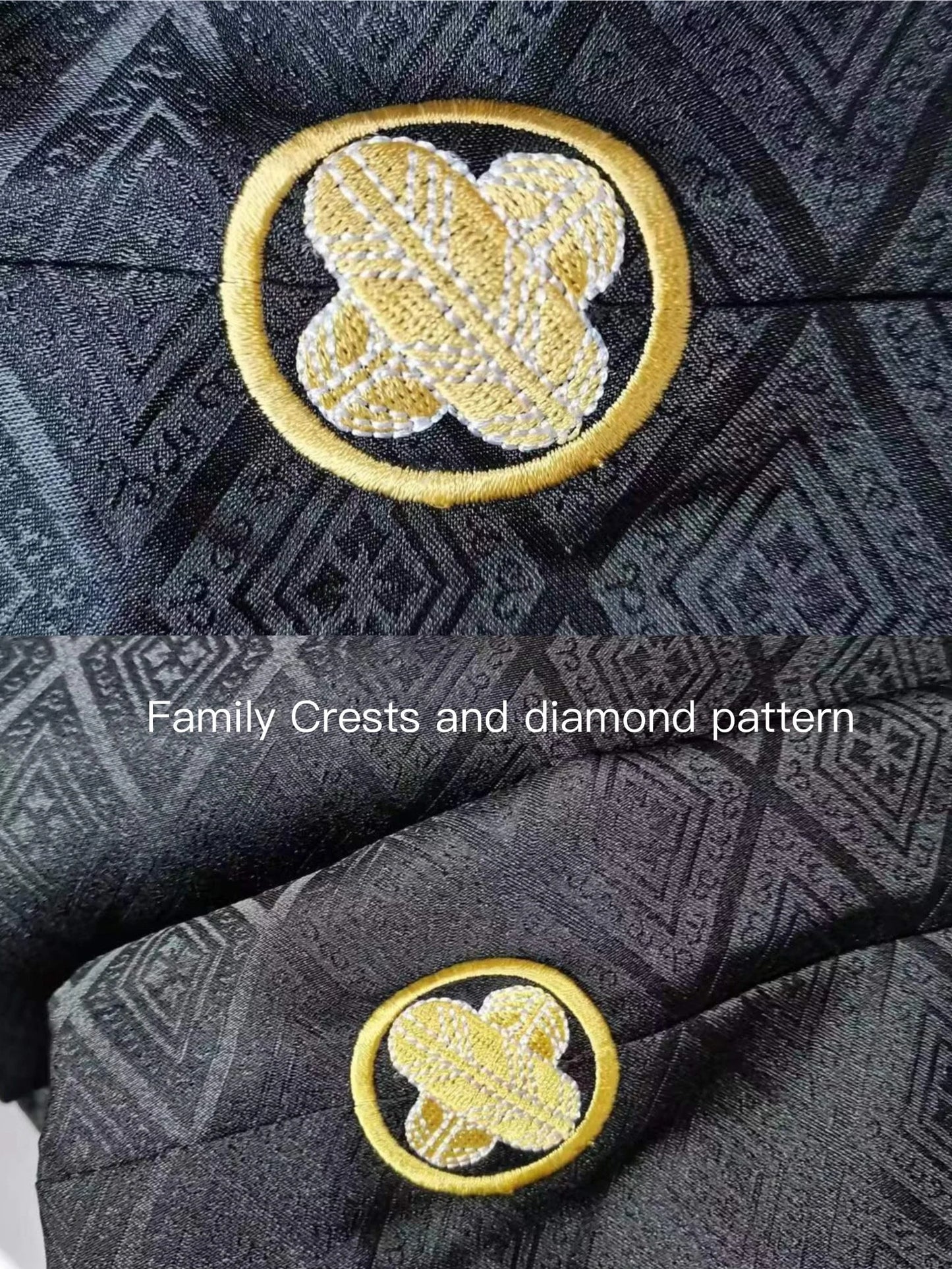 Men's Japanese Traditional Formal Kimono 10PCS Set, 5 Family Crests Kamon, Diamond Pattern