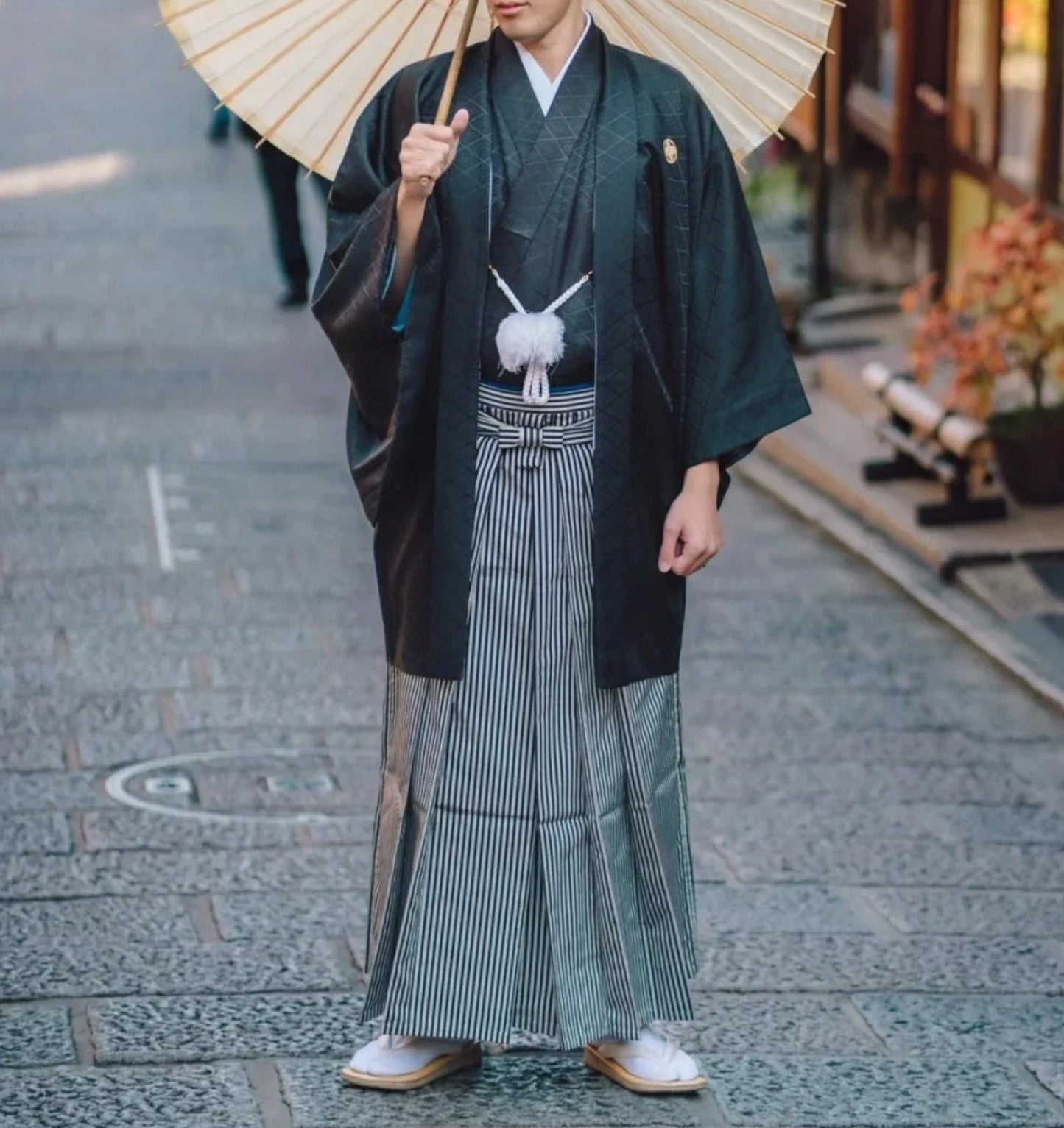 Men's Japanese Traditional Formal Kimono 10PCS Set, 5 Family Crests Kamon, Diamond Pattern