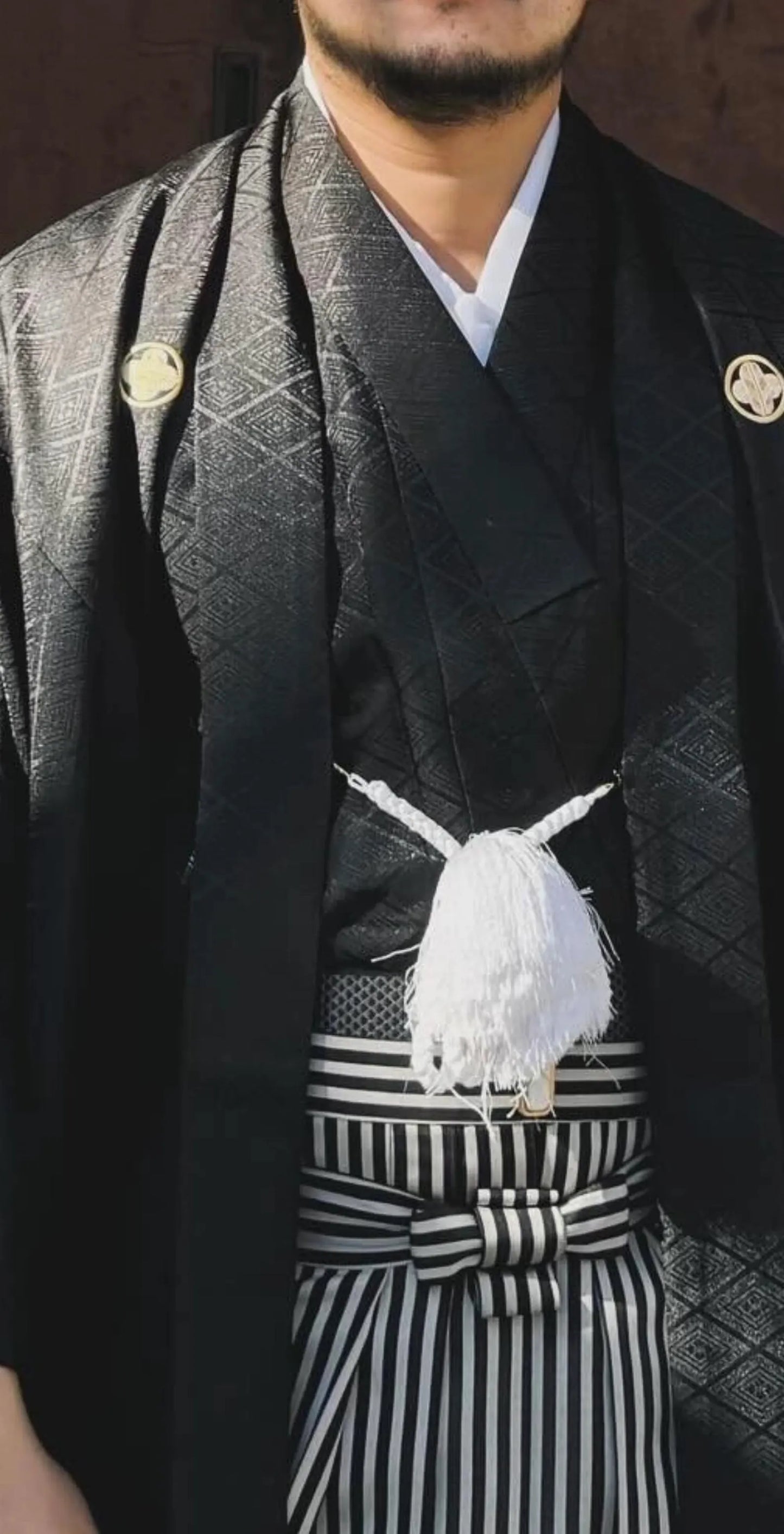 Men's Japanese Traditional Formal Kimono 10PCS Set, 5 Family Crests Kamon, Diamond Pattern