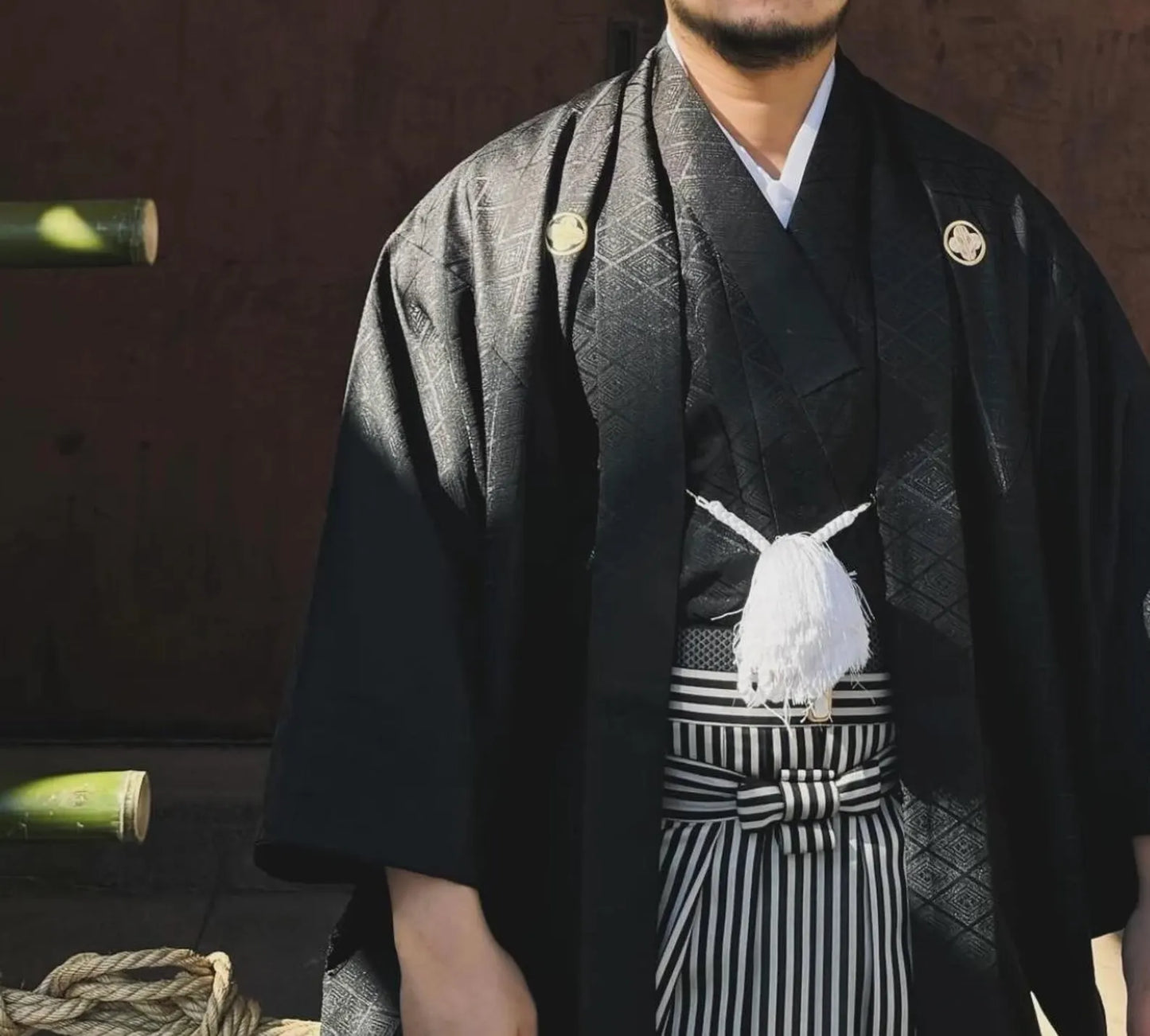 Men's Japanese Traditional Formal Kimono 10PCS Set, 5 Family Crests Kamon, Diamond Pattern