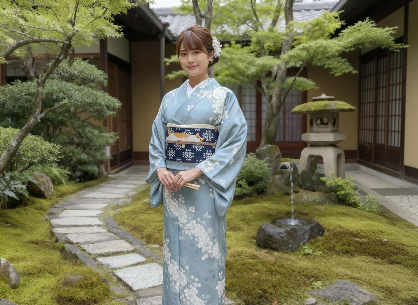 Cute Cat Nagoya Obi, Pre-Tied Tsuke Obi, Wear in 5 Mins, No Tie Needed,Taiko Drum Knot, Kimono Belt