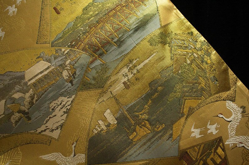 Rank A+ 100% Patterned Vintage Obi/The Fifty-three Stations of the Tōkaidō /OB87