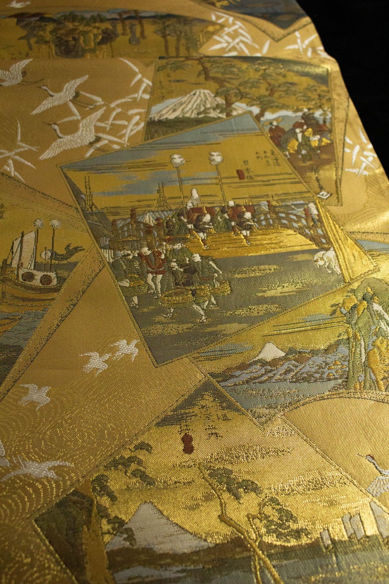 Rank A+ 100% Patterned Vintage Obi/The Fifty-three Stations of the Tōkaidō /OB87