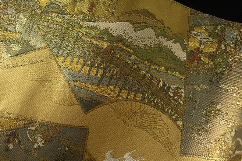 Rank A+ 100% Patterned Vintage Obi/The Fifty-three Stations of the Tōkaidō /OB87