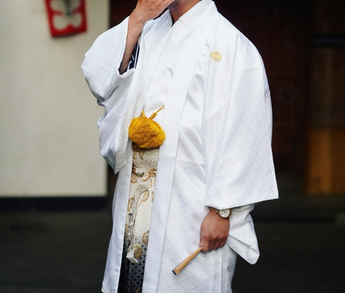 Men's Japanese Traditional Formal Kimono 10PCS Set, 5 Family Crests Kamon, Diamond Pattern (White hakama option)