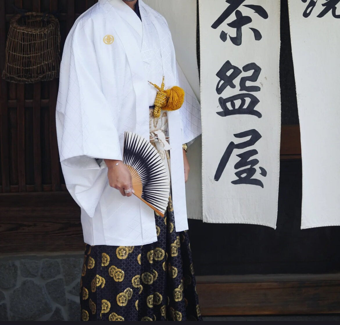 Men's Japanese Traditional Formal Kimono 10PCS Set, 5 Family Crests Kamon, Diamond Pattern (White hakama option)