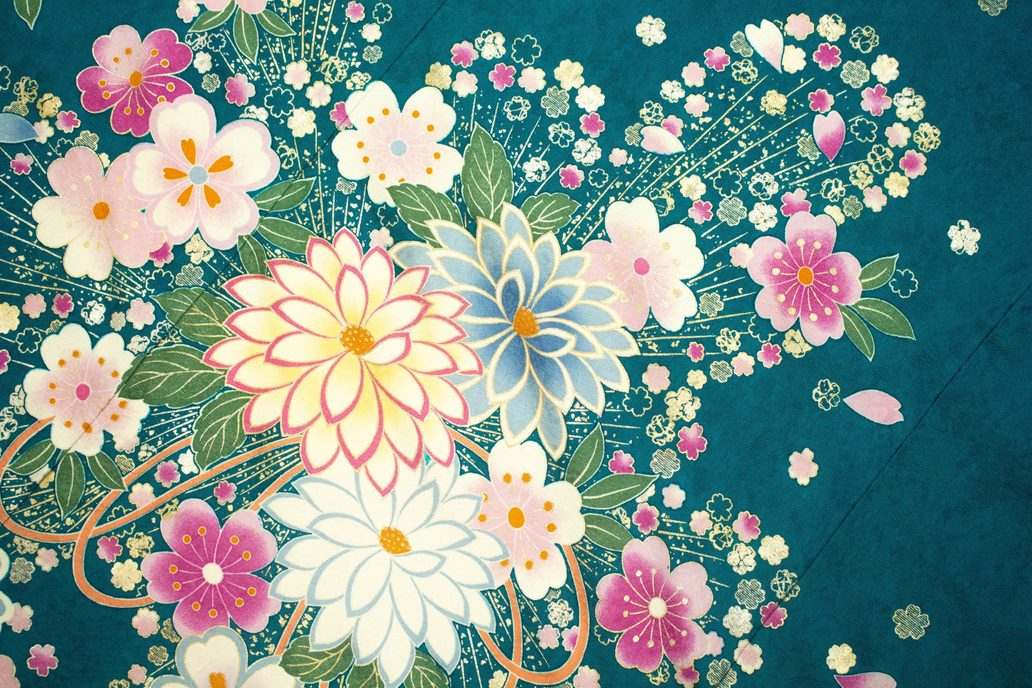 Vintage Silk Furisode Kimono: Floral Pattern, Dark Greenish Blue (Rank A)- A54