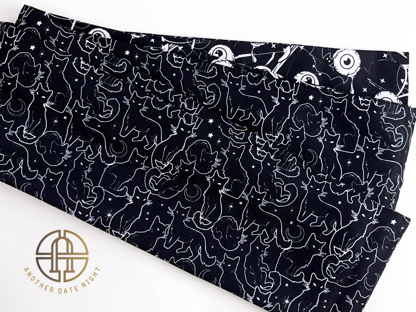 Black Cat & Eyeball Yukata Obi Belt: Double Sided Hanhaba Obi
