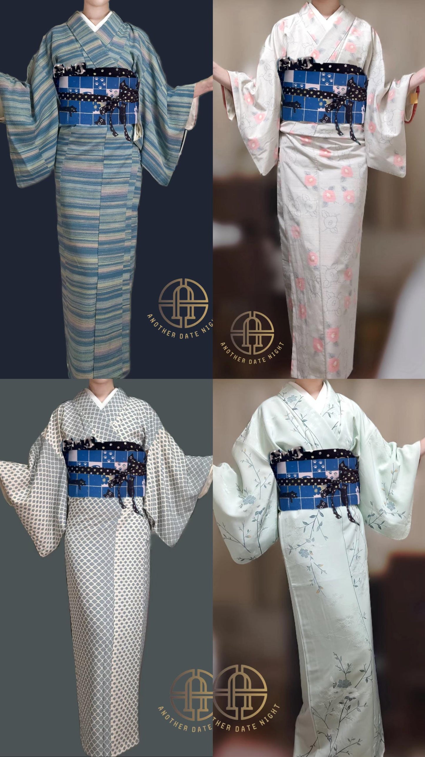 Blue Checkered Cat Hanhaba Belt, Half-Width Obi for Yukata/Komon Kimono/Casual Kimono