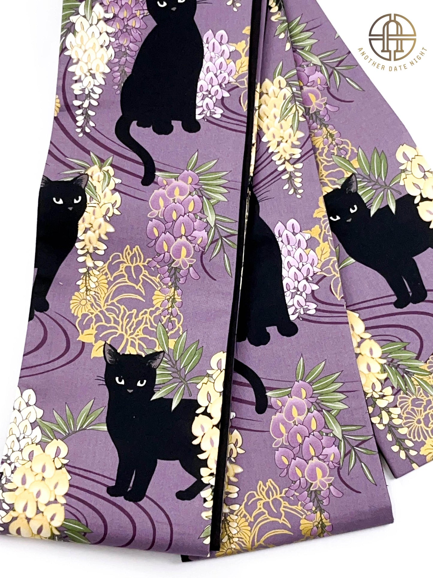 Wisteria Flower & Black Cat Hanhaba Belt, Half-Width Obi for Yukata/Komon Kimono/Casual Kimono
