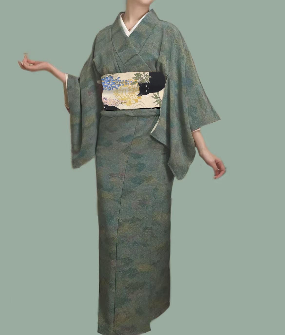 Wisteria Flower & Black Cat Hanhaba Belt, Half-Width Obi for Yukata/Komon Kimono/Casual Kimono