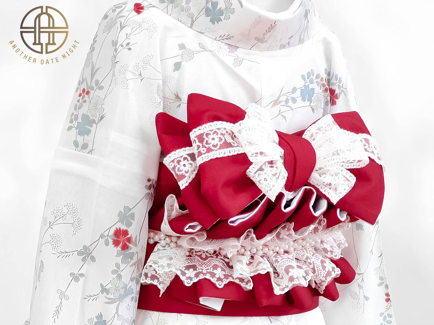 Rabbit & Sakura Hanhaba Obi Belt: Red Casual Kimono Obi