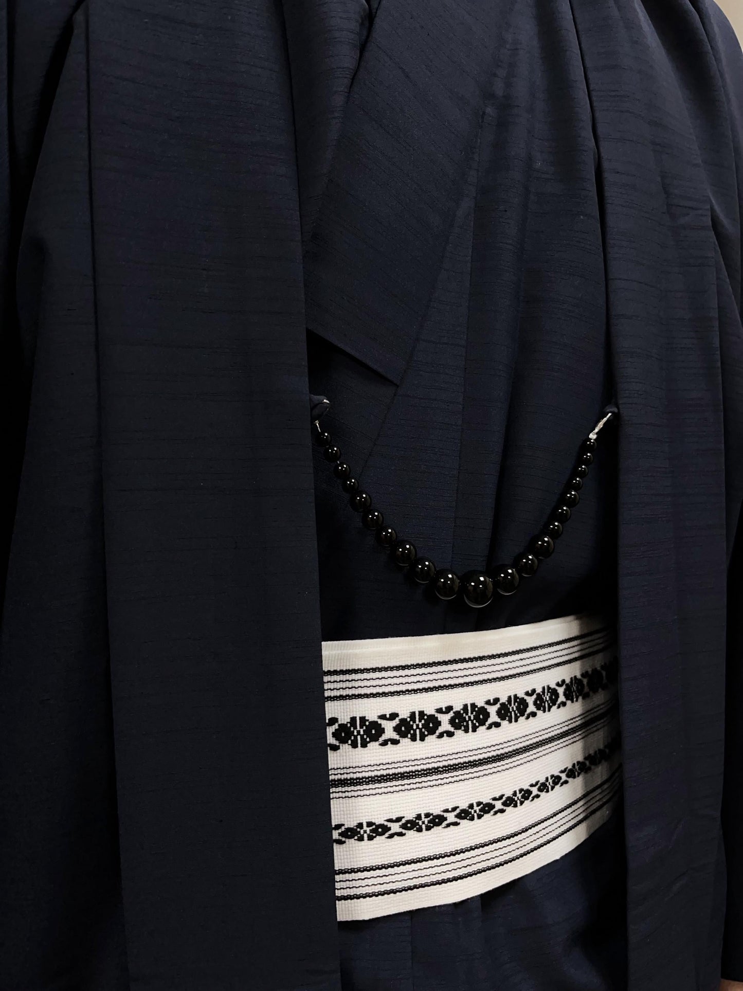 Black Agate Beaded Haori Himo: Men's Kimono Accessory