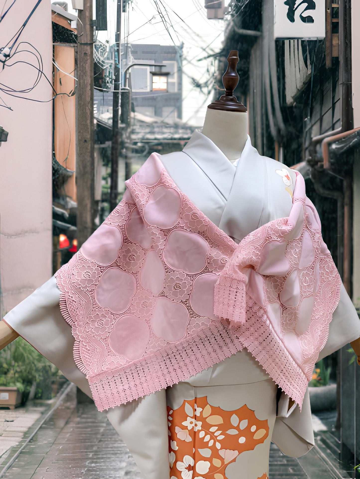 Red Lace Kimono Shawl: Creamy White Outwear Set- Set 2