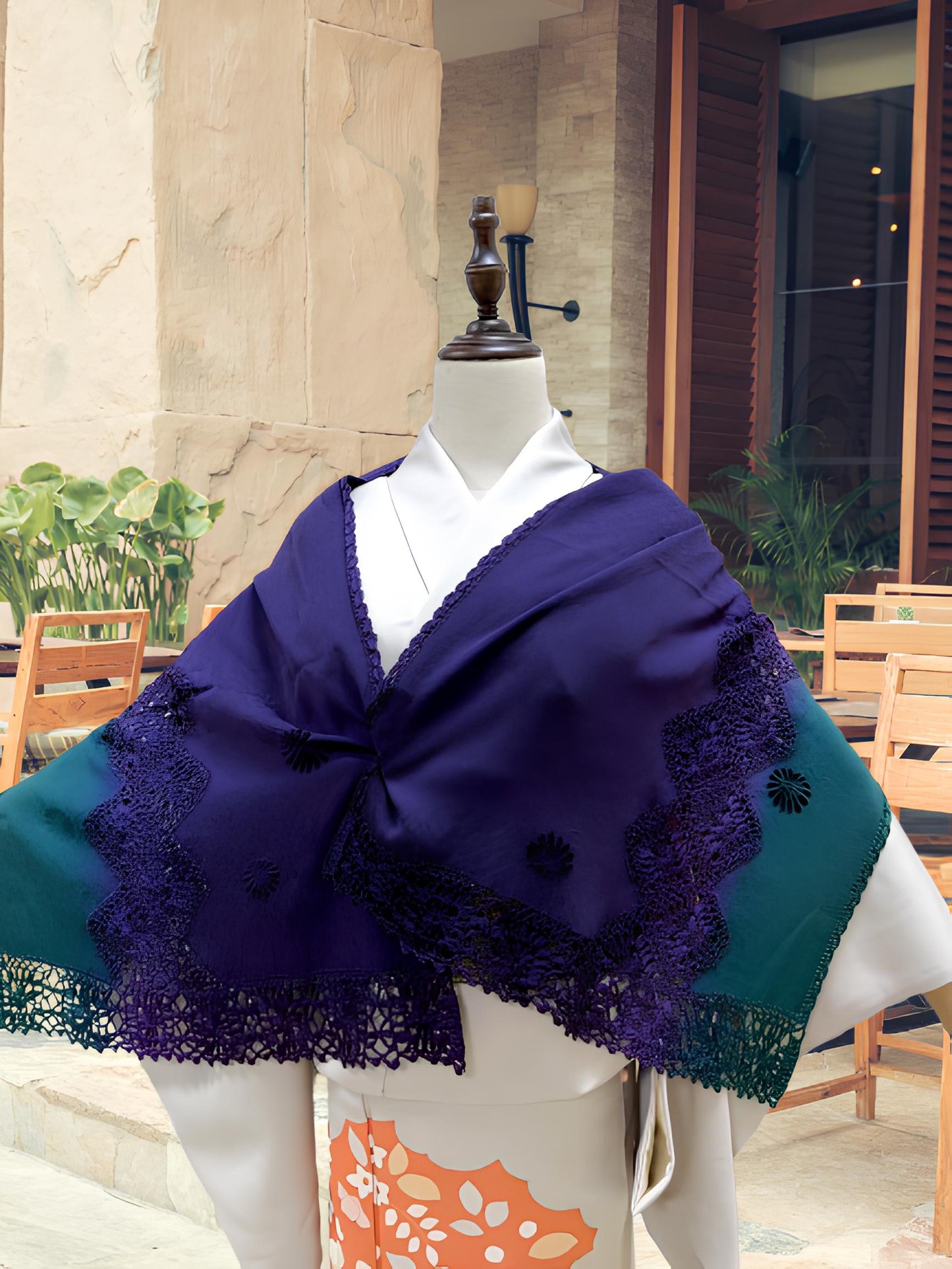 Women's Gradient Kimono Shawl: Crochet Trim Outwear-Set 1(B)
