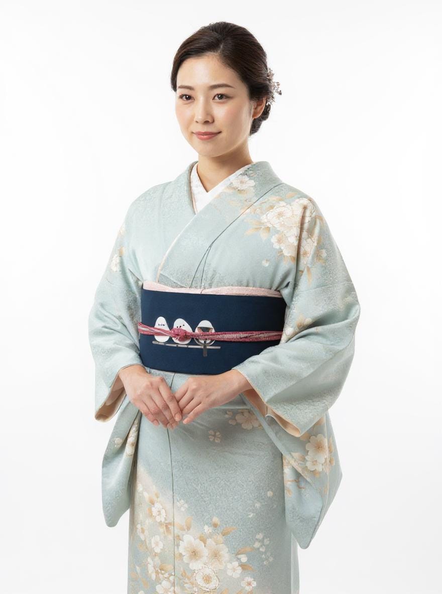 Hokkaido Long-tailed Tit (or Shima-enaga) Pre-Tied Taiko Knot, Easy Wear Nagoya Obi, Two-Side Sash