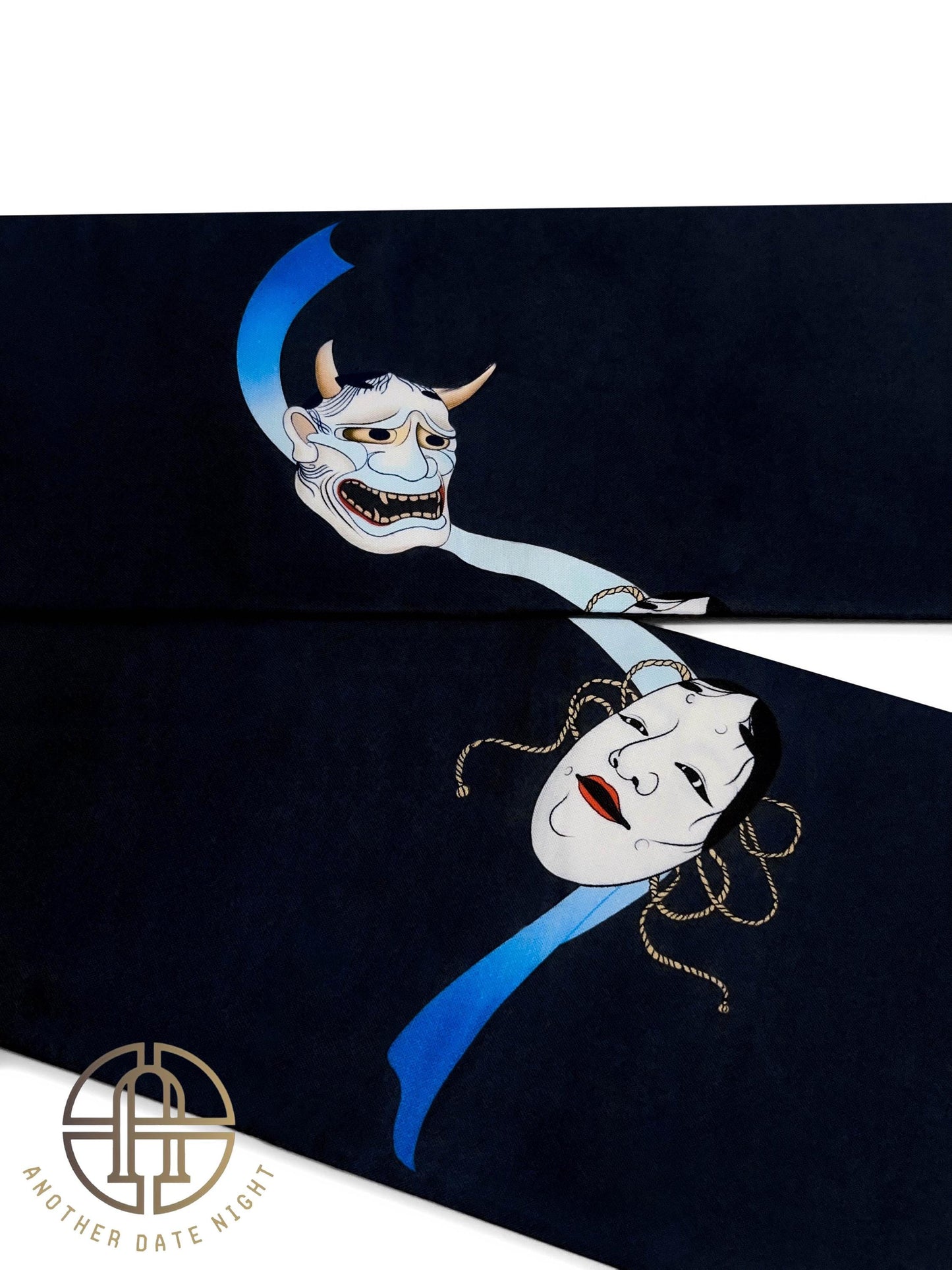Noh mask Pre-Tied Nagoya Obi, Dark Navy Blue Easy-Wear Kimono Belt: Hannya & Ko-omote Motif