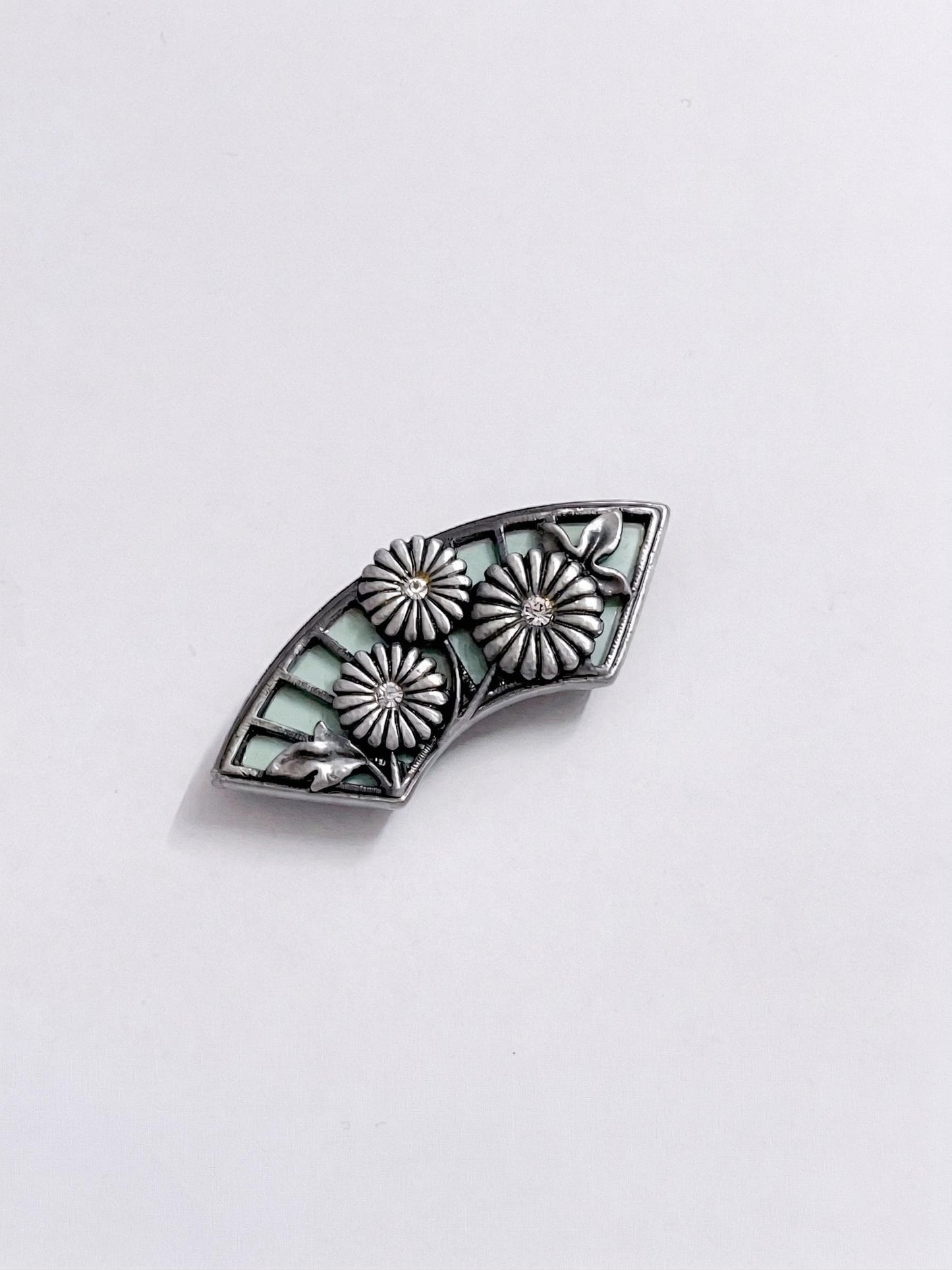 Vintage Japanese Obidome / Silver Folding Fan with Mint Base and Chrysanthemum - Kimono Obi Clip & Aceessory/ No.3412