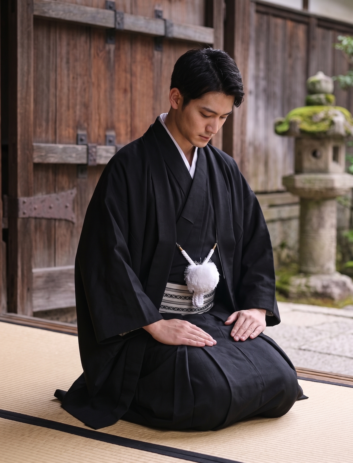 Traditional Men's Black Kimono 4/6/8PCS Set, Custom Kamon Available