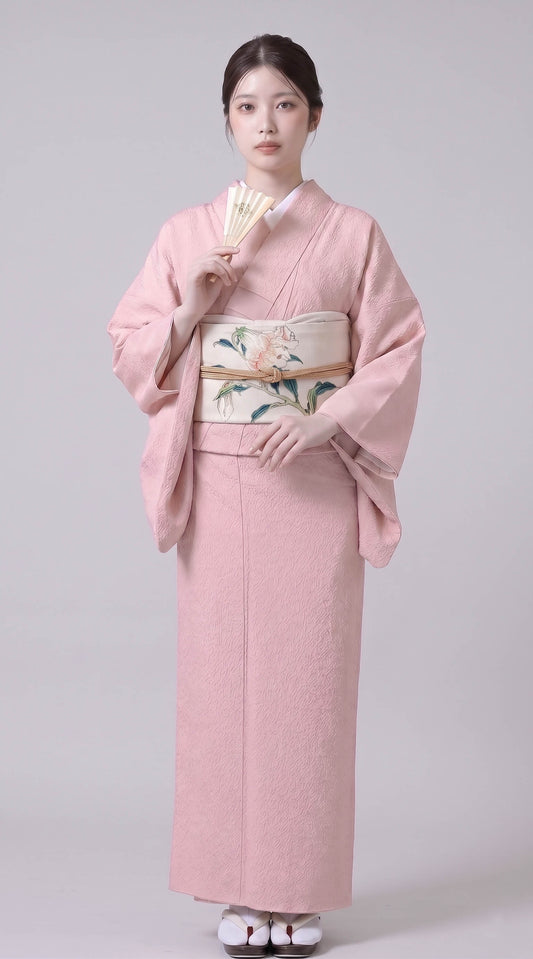 Sakura Pink Washable Iromuji Kimono Set with Pre-Tied Obi