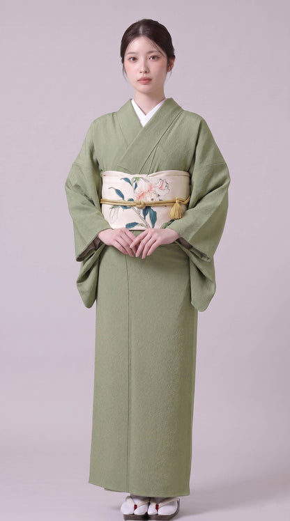 Sage Green Washable Iromuji Kimono Set with Pre-Tied Obi