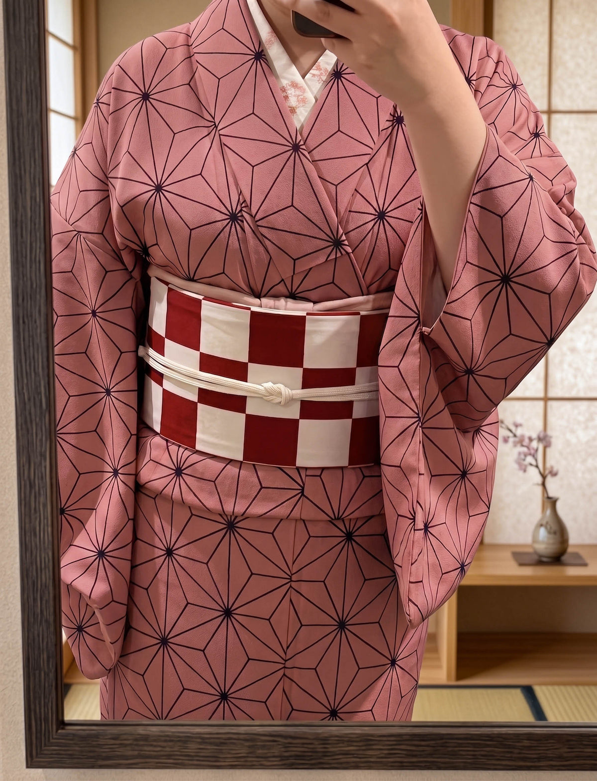 Custom Fit Komon Kimono | Pink Asanoha Print, Made-to-Measure Washable Polyester Traditional Japanese Kimono for Women