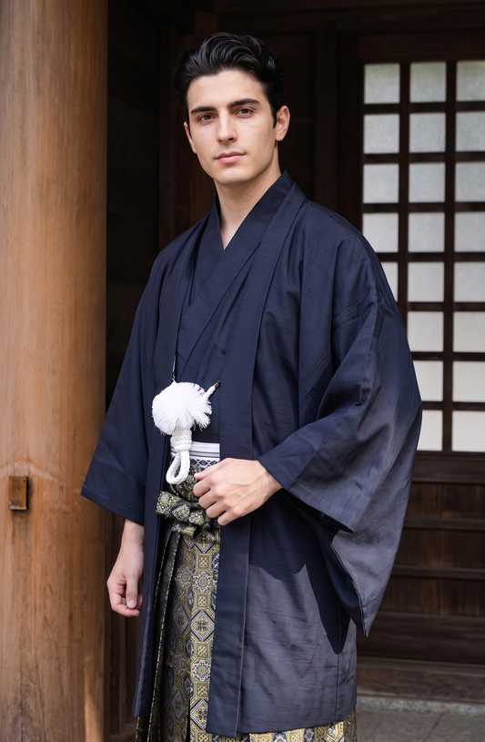 Navy Blue Men's Traditional Kimono 4/6/8PCS Set - Custom Kamon Available