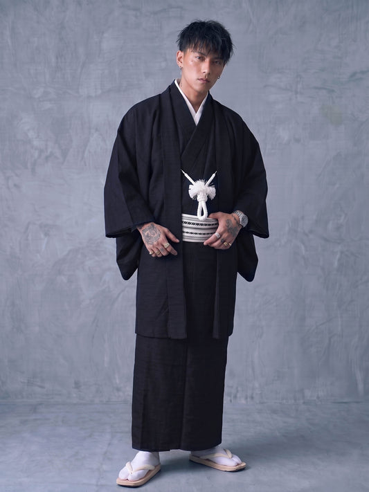 Traditional Men's Black Kimono 4/6/8PCS Set, Custom Kamon Available