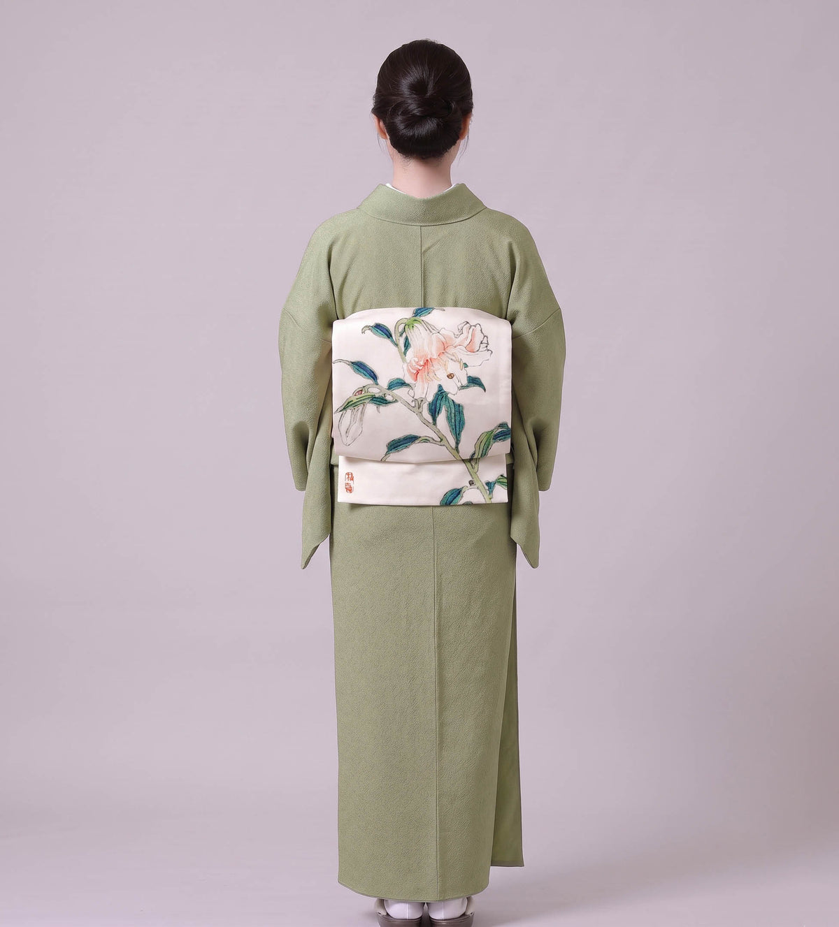 Sage Green Washable Iromuji Kimono Set with Pre-Tied Obi