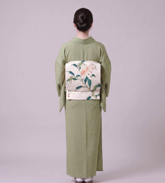 Sage Green Washable Iromuji Kimono Set with Pre-Tied Obi