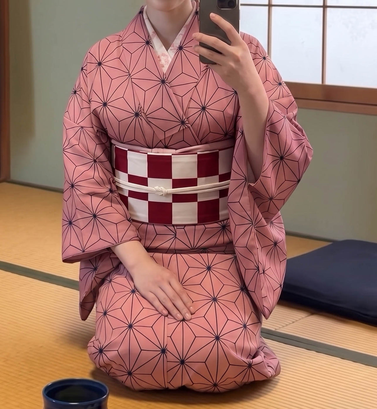 Custom Fit Komon Kimono | Pink Asanoha Print, Made-to-Measure Washable Polyester Traditional Japanese Kimono for Women