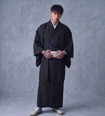 Traditional Men's Black Kimono 4/6/8PCS Set, Custom Kamon Available