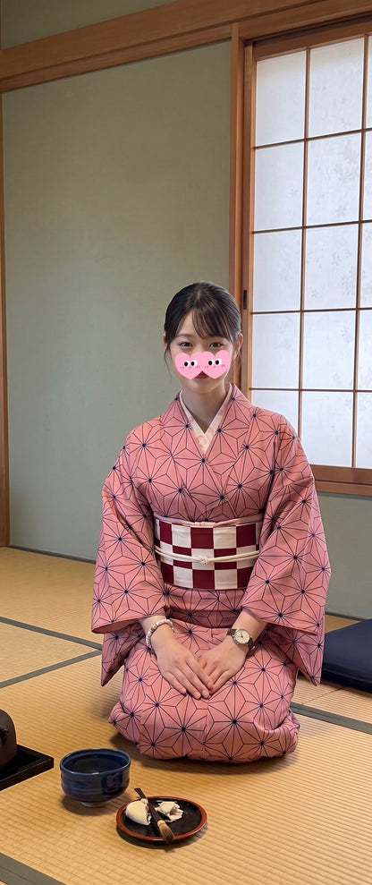 Custom Fit Komon Kimono | Pink Asanoha Print, Made-to-Measure Washable Polyester Traditional Japanese Kimono for Women