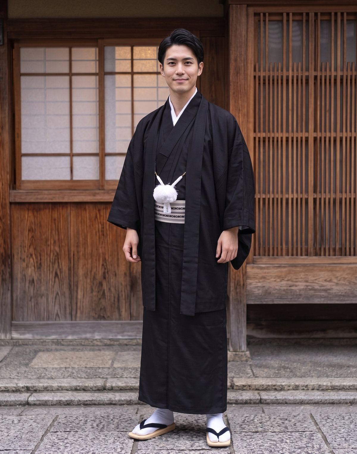 Traditional Men's Black Kimono 4/6/8PCS Set, Custom Kamon Available