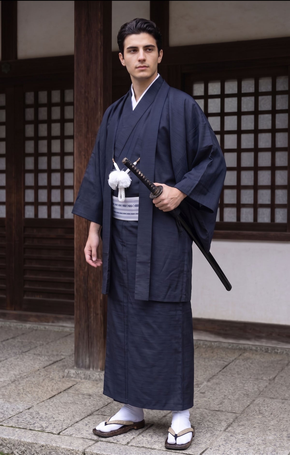 Navy Blue Men's Traditional Kimono 4/6/8PCS Set - Custom Kamon Available