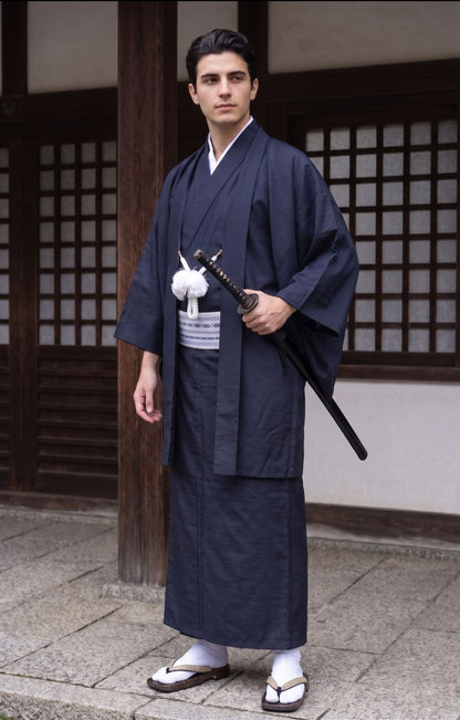Navy Blue Men's Traditional Kimono 4/6/8PCS Set - Custom Kamon Available