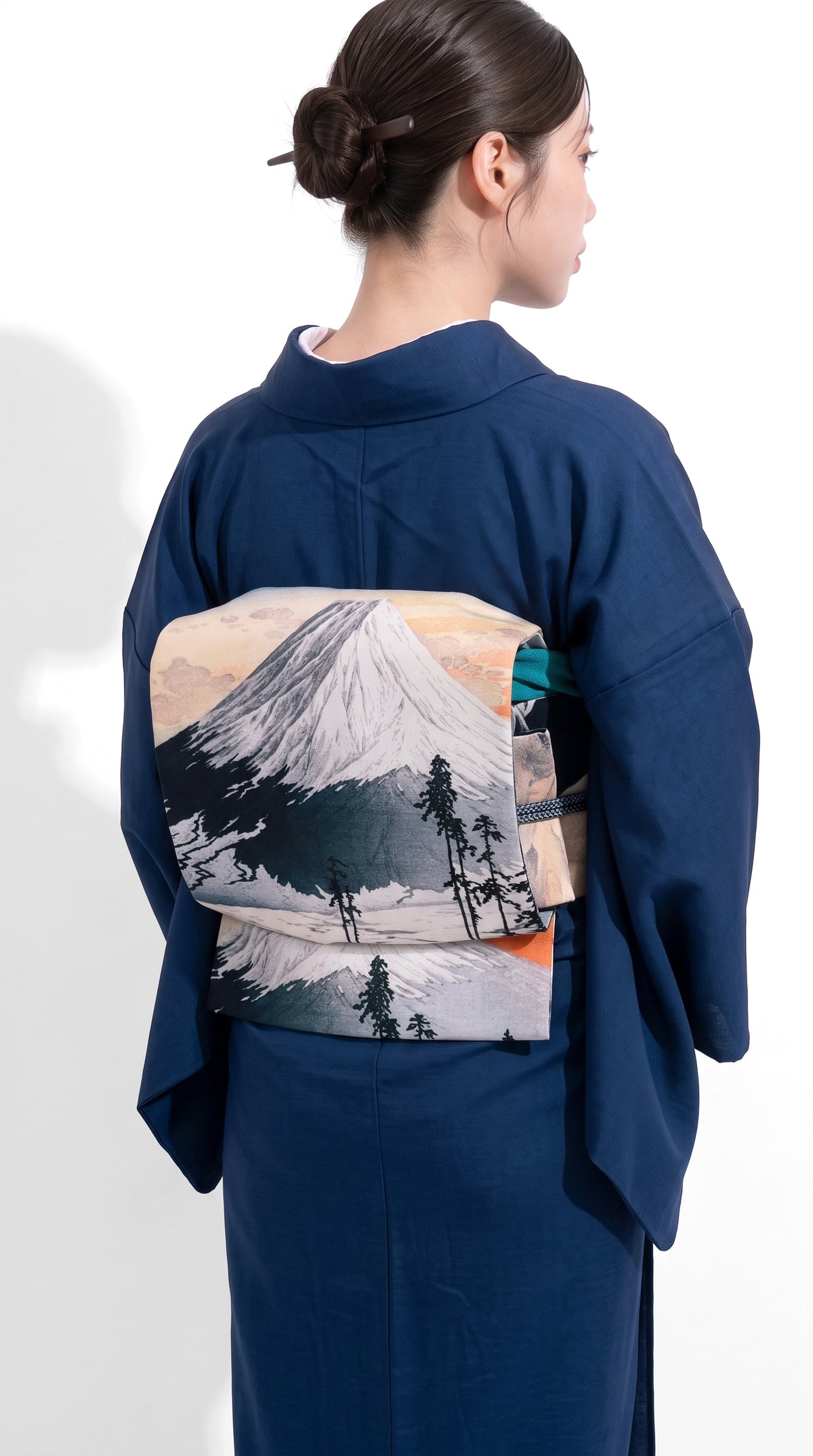 Navy Blue Washable Iromuji Kimono Set with Pre-Tied Obi