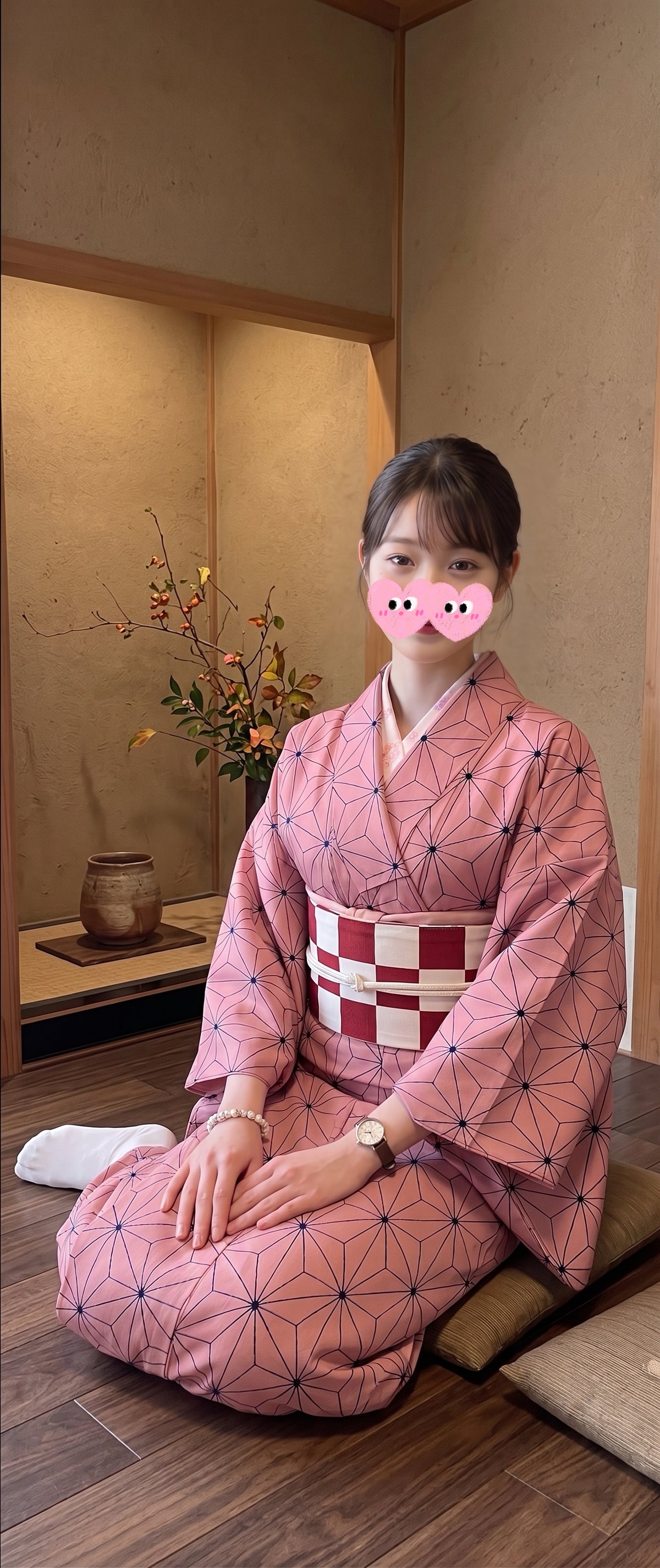 Custom Fit Komon Kimono | Pink Asanoha Print, Made-to-Measure Washable Polyester Traditional Japanese Kimono for Women
