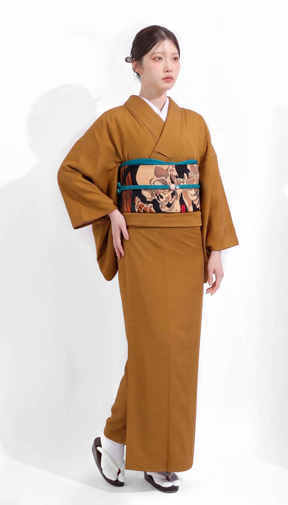 Mustard Yellow Washable Iromuji Kimono Set with Pre-Tied Obi