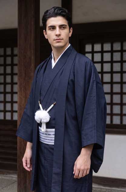 Navy Blue Men's Traditional Kimono 4/6/8PCS Set - Custom Kamon Available