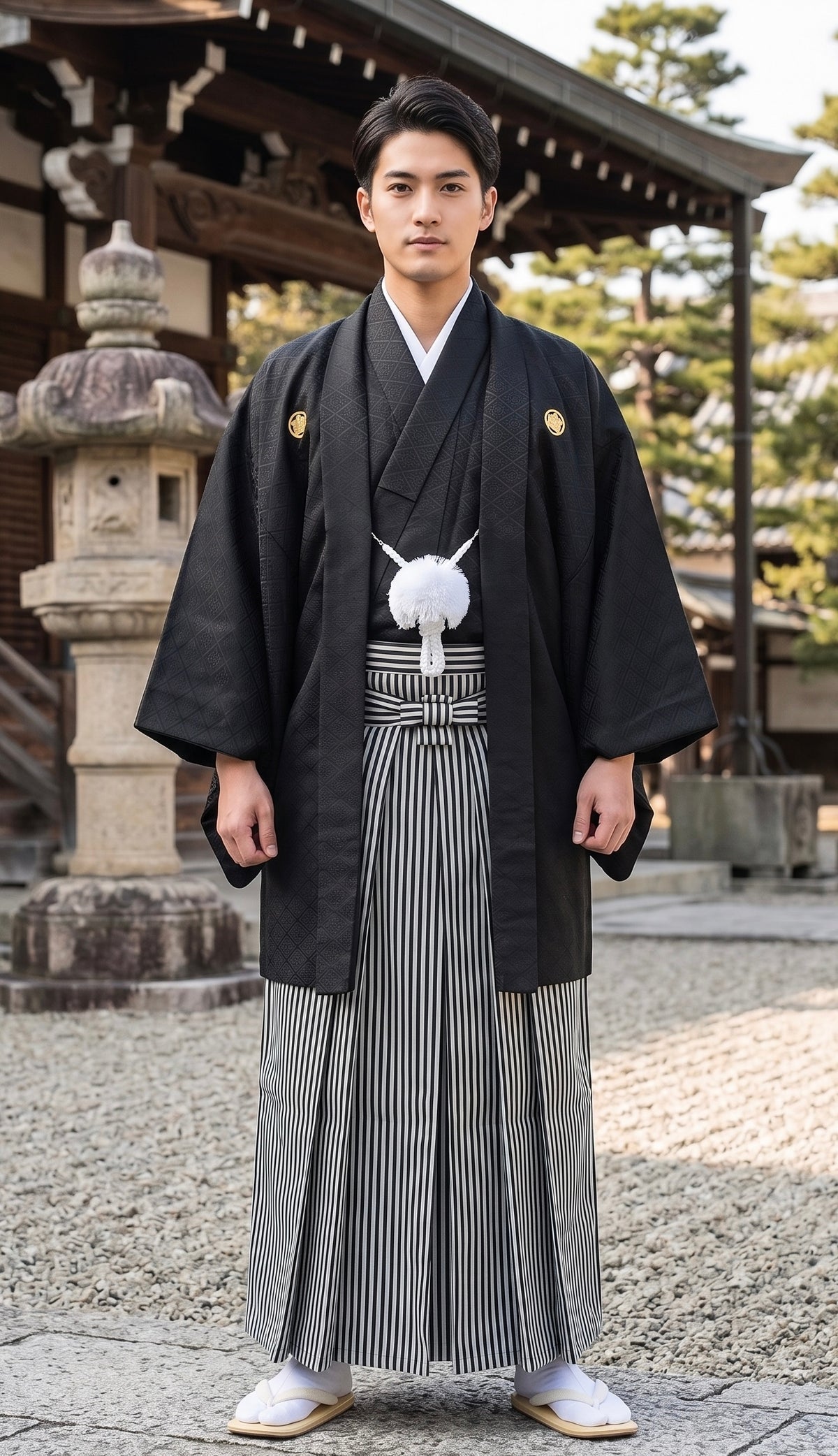 Japanese Men's Black Stripe Hakama Set