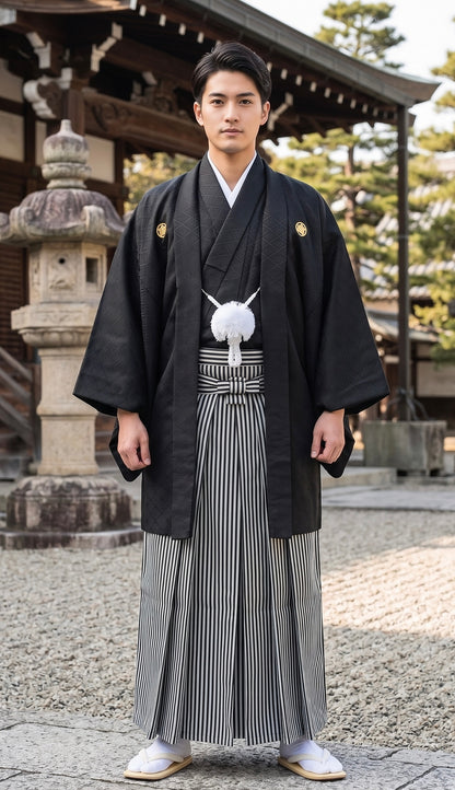 Japanese Men's Black Stripe Hakama Set