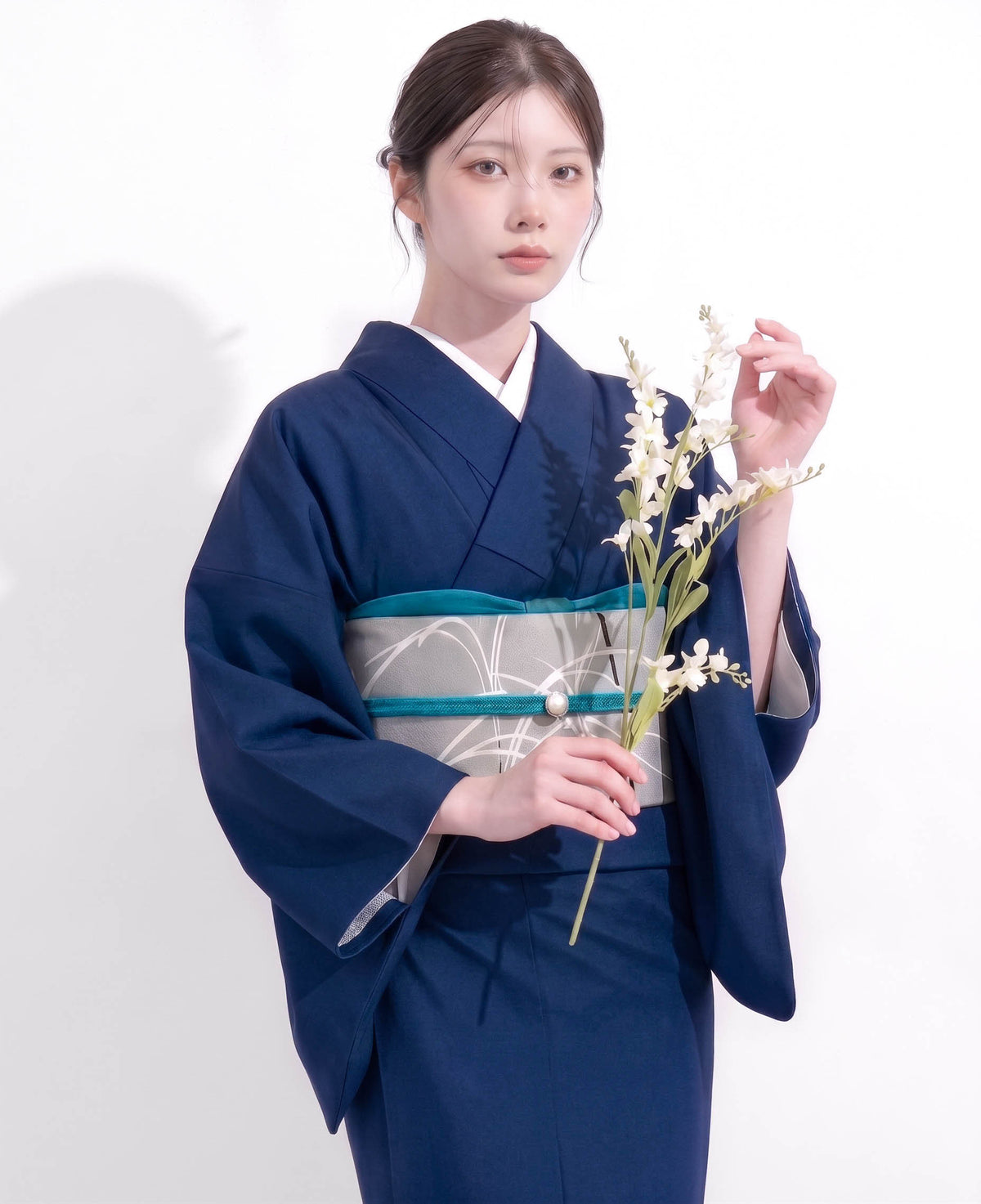 Navy Blue Washable Iromuji Kimono Set with Pre-Tied Obi