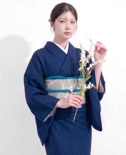 Navy Blue Washable Iromuji Kimono Set with Pre-Tied Obi