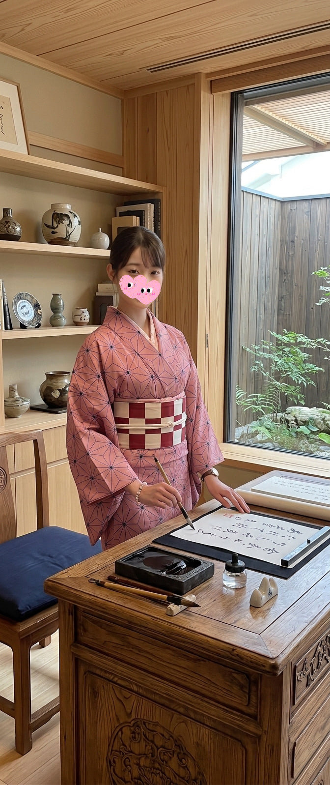 Custom Fit Komon Kimono | Pink Asanoha Print, Made-to-Measure Washable Polyester Traditional Japanese Kimono for Women