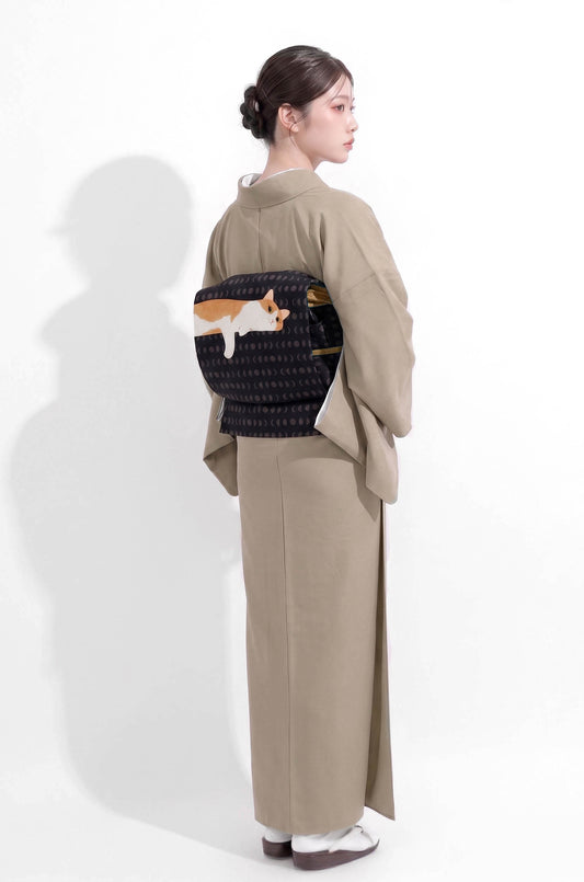 Sand Beige Washable Iromuji Kimono Set with Pre-Tied Obi