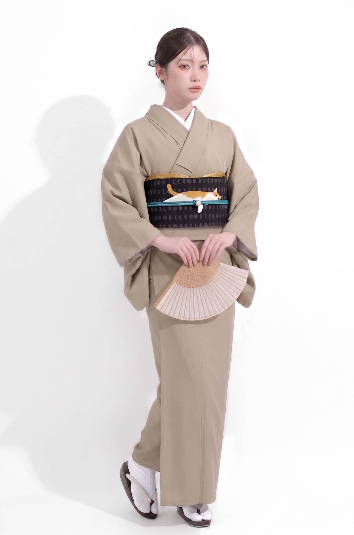 Sand Beige Washable Iromuji Kimono Set with Pre-Tied Obi